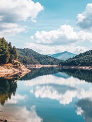 Fototapete - Serene lake reflects clouds and mountains under bright sky in tranquil landscape surrounded by lush trees. Generative AI
