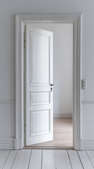 Fototapete - An open door reveals a serene white room bathed in natural light, highlighting the smooth wooden flooring. The inviting atmosphere encourages exploration and contemplation
