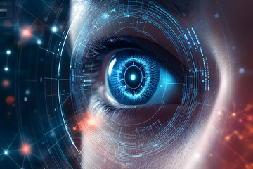 Wall Mural - close-up of cybernetic eye with digital hud and futuristic design