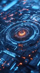 Wall Mural - high-tech digital circuit board with glowing blue and orange interface