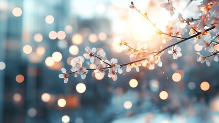 Aufkleber - Cherry blossoms adorn the branch during spring, their delicate petals catching sunlight. A warm glow of bokeh lights enhances the beauty of this urban backdrop, signaling the arrival of the season.