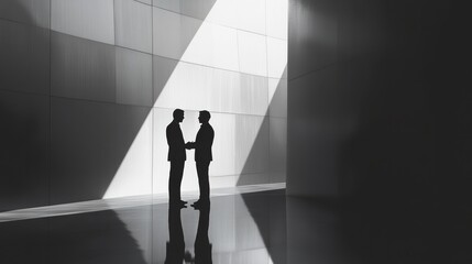 Wall Mural - Two silhouetted figures negotiating in a modern, minimalist setting during daylight hours. Generative AI