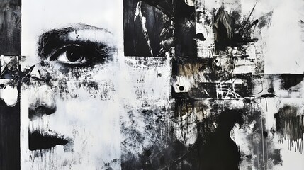 Aufkleber - Captivating monochrome portrait with abstract collage elements depicting a pensive dramatic expression and evoking a sense of emotional depth and mystery
