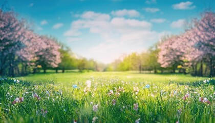 Wall Mural -  Beautiful blurred spring background nature with blooming glade, trees and blue sky on a sunny day 