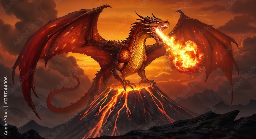 Fiery Red Dragon Breathing Fire on Volcano Stock Illustration | Adobe Stock