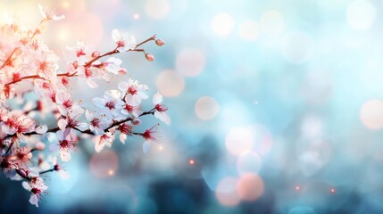 Aufkleber - Delicate cherry blossoms bloom brightly against a soft blurred background, evoking the tranquility of spring. This scene captures the essence of renewal and beauty in nature.