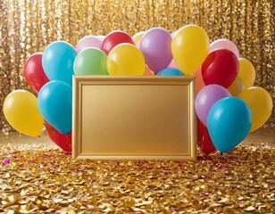 Wall Mural - Colorful balloons surround a golden frame against a sparkling backdrop, perfect for celebrations.