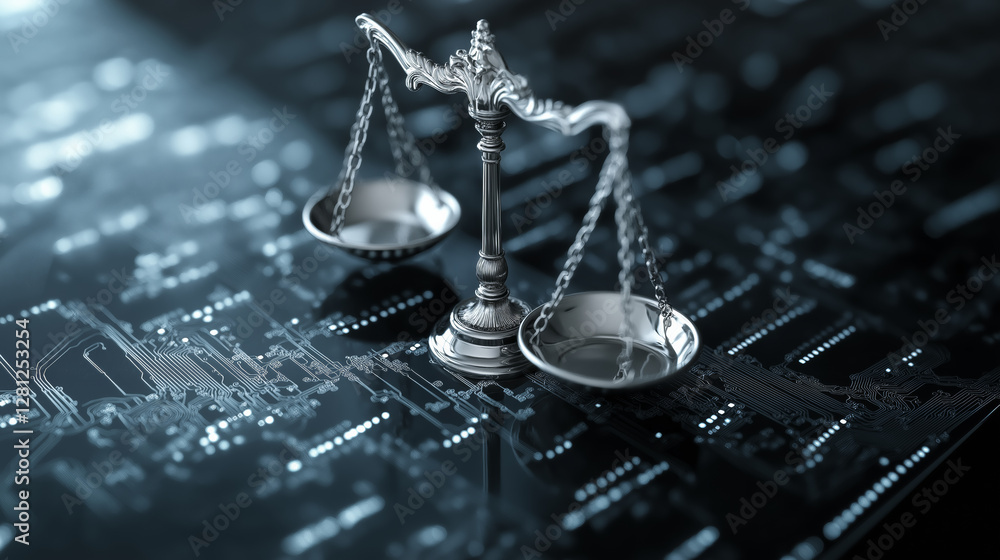 silver balance scale stands on digital circuit board, symbolizing ...