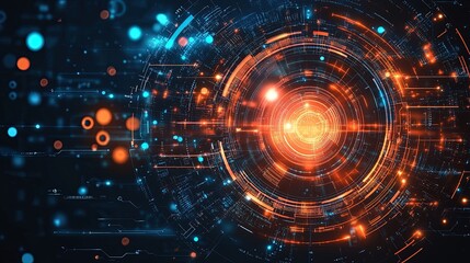 Abstract tech background with digital circuits, glowing data patterns, and futuristic symbols 