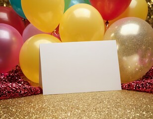 Wall Mural - Colorful balloons surround a blank white card, perfect for celebrations and special occasions.