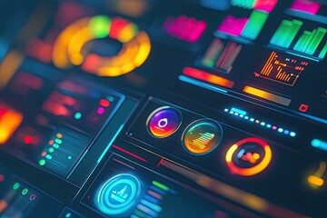 Vibrant digital interface displays colorful data graphs.
