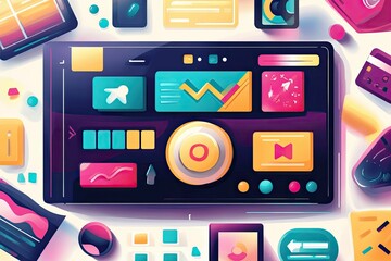 Colorful digital dashboard with various data displays.
