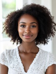 Aufkleber - Young woman with curly hair smiles warmly in a bright, modern indoor setting during the daytime. Generative AI