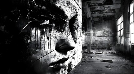 Aufkleber - Decaying and Abandoned Industrial Interior with Eerie Atmosphere and Grungy Weathered Textures  Dilapidated Neglected Space with Crumbling Walls Cobwebs and a Haunting Somber Mood
