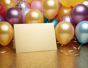 Wall Mural - Colorful balloons surround a blank card, perfect for celebrations and invitations.