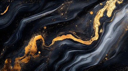 Poster - Dramatic abstract background composed of mesmerizing swirling metallic ink splashes fluid brushstrokes and organic patterns against a dark moody backdrop  Elegant sophisticated