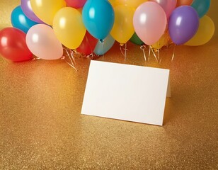 Wall Mural - Colorful balloons surround a blank greeting card on a shimmering gold background, perfect for celebrations.