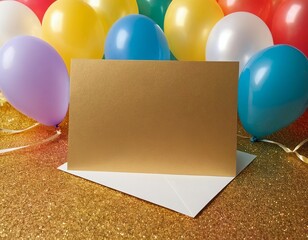 Wall Mural - Colorful balloons surrounding a blank golden card, perfect for a special celebration.