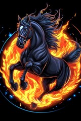 Poster - Fiery black steed in dynamic pixel art, rearing amidst vibrant orange and yellow flames. Dark background with light blue accents. Intense, powerful