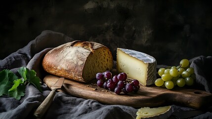 A rustic arrangement of bread, cheese, grapes, and leaves on a wooden board.