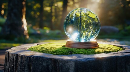 Poster - A glass sphere rests on a mossy tree stump in a sunlit forest. The sphere reflects the surrounding trees and warm light. The scene evokes a mystical