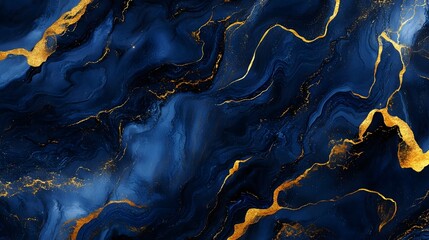 Leinwandbilder - Dramatic and fluid abstract marble texture background with a captivating golden splatter pattern and a moody sophisticated color palette of deep blues blacks and metallic tones