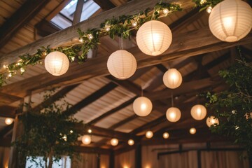 Sticker - Illuminated Paper Lanterns Hanging From Wooden Beams