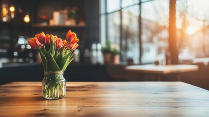 Poster - A vibrant bouquet of orange and yellow tulips sits in a mason jar on a wooden table. Sunlight streams through large windows, creating a warm and inviting atmosphere perfect for springtime relaxation.