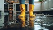 © Alien - Worker is assessing the damage in a flooded kitchen while wearing yellow boots, with copy space