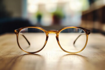 Wall Mural - Clear framed glasses resting on a wooden table illuminated by natural light in a cozy interior space. Generative AI