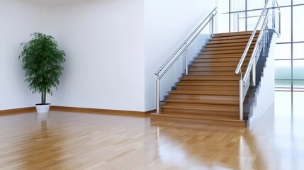 Canvas Print - Modern minimalist interior design featuring a wooden staircase with metal railings, a potted plant, and a bright, spacious room with large windows