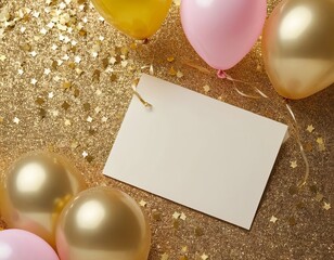 Wall Mural - Colorful balloons surround a blank card, ready for a festive celebration.