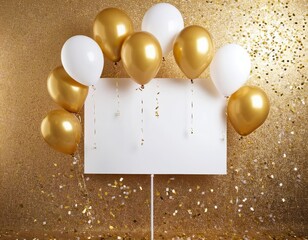 Wall Mural - Festive golden and white balloons decoratively framing a blank sign against a shimmering gold backdrop.