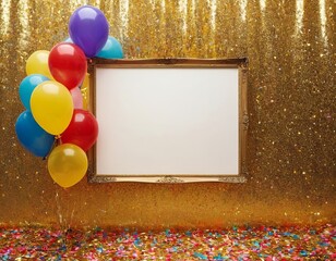 Wall Mural - Colorful balloons and a gold sparkly frame for celebratory events.