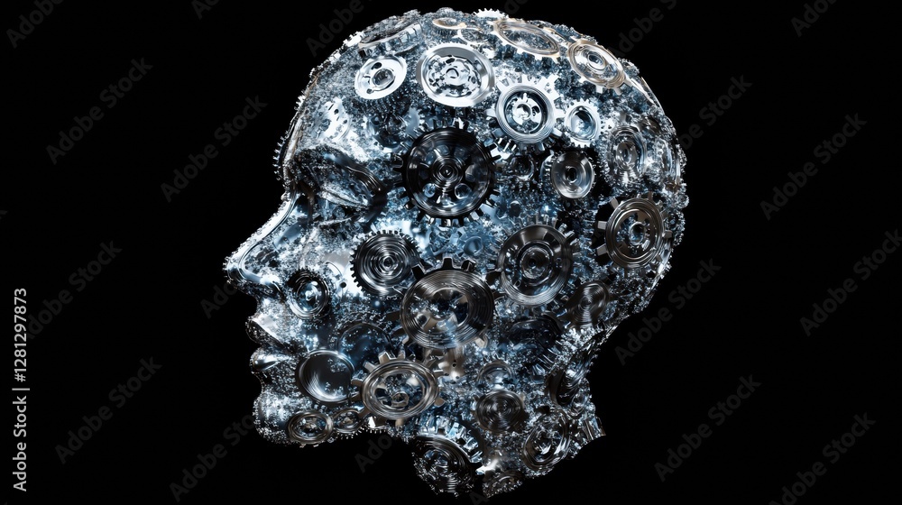 Human head contour filled with interlocking gears represents the ...
