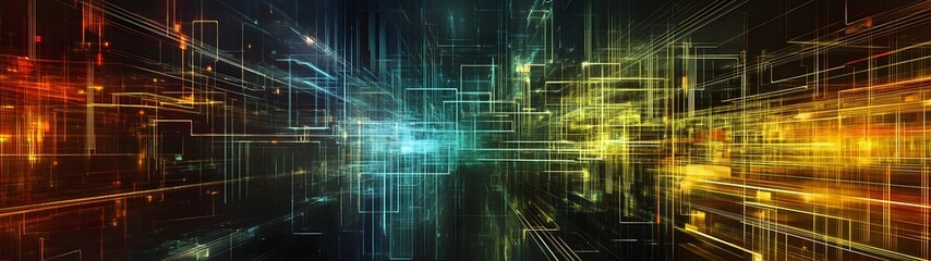 Fototapete - Futuristic digital technology abstract background with illuminated fractal art patterns dynamic lines and glowing neon colors  Conceptual visualization of data network and intelligence