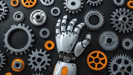 A robotic hand reaching towards an array of intricate gears against a dark background, showcasing innovation and technology