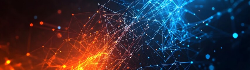 Poster - Futuristic visualization of an interconnected digital network system featuring a dynamic display of illuminating data particles pulsating energy waves and captivating glowing patterns