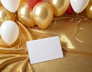 Wall Mural - Colorful balloons and a blank card on a shimmering gold background, perfect for celebrations.