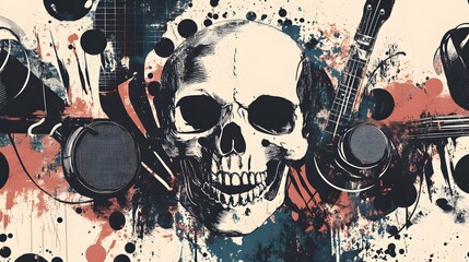 Poster - Grunge Skull Composition with Music Instruments
