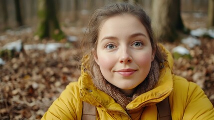 Poster - Close up portrait of a young woman with freckles and blue eyes, wearing a yellow jacket and scarf, sitting in a forest with fallen leaves and patches