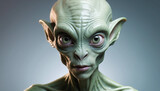 Green Alien Portrait with Large Eyes and Textured Skin Detail