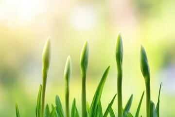 Wall Mural - budding stems of spring plants reaching towards sky their vibrant green hues contrasting against blurred background