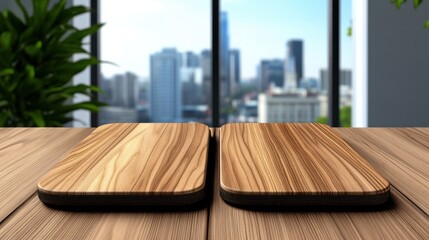 Wall Mural - Two rustic brown wooden cutting boards rest on a dark brown wooden table, with a blurred cityscape view through a large window in the background