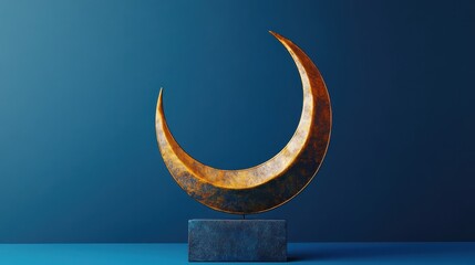 Wall Mural - Golden Crescent Moon Sculpture on Dark Blue Base