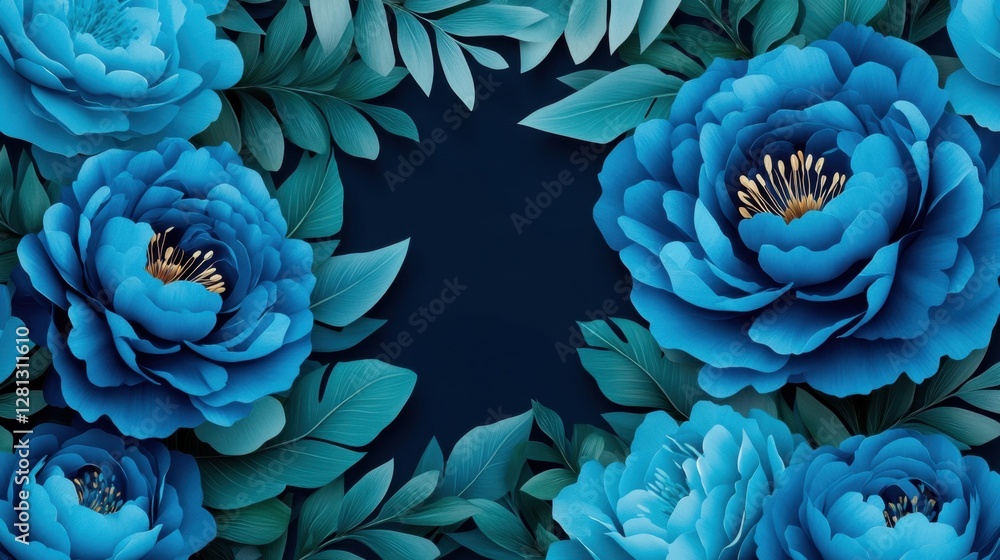 Vibrant blue paper flowers and leaves create a lush frame against a ...
