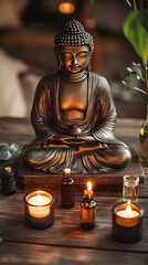 A bronze Buddha statue sits on an old wooden table, surrounded by two burning candles
