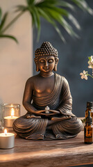 A bronze Buddha statue sits on an old wooden table, surrounded by two burning candles
