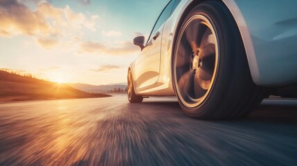 Poster - Fast car driving on open road during sunset with vibrant sky and a tranquil landscape. Generative AI