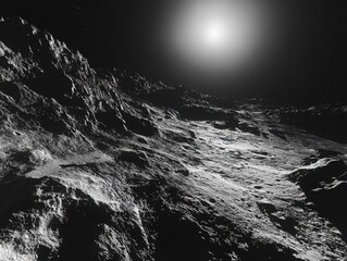 Wall Mural - Dramatic lunar landscape with stark contrast of light and shadow showcasing a desolate terrain and celestial glow